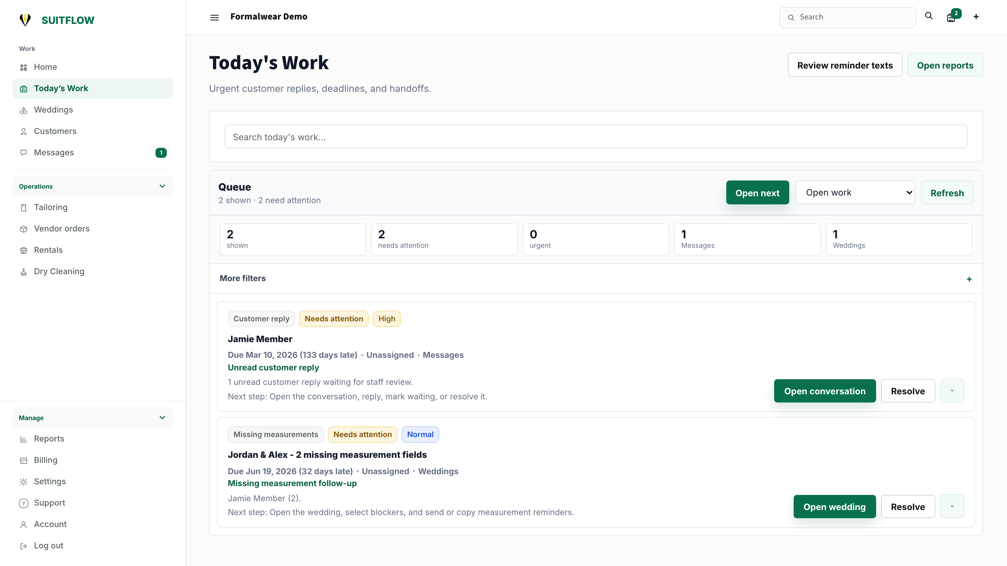 Suitflow Today’s Work dashboard in the Formalwear Demo shop, showing a customer reply and missing-measurement follow-up in the work queue.
