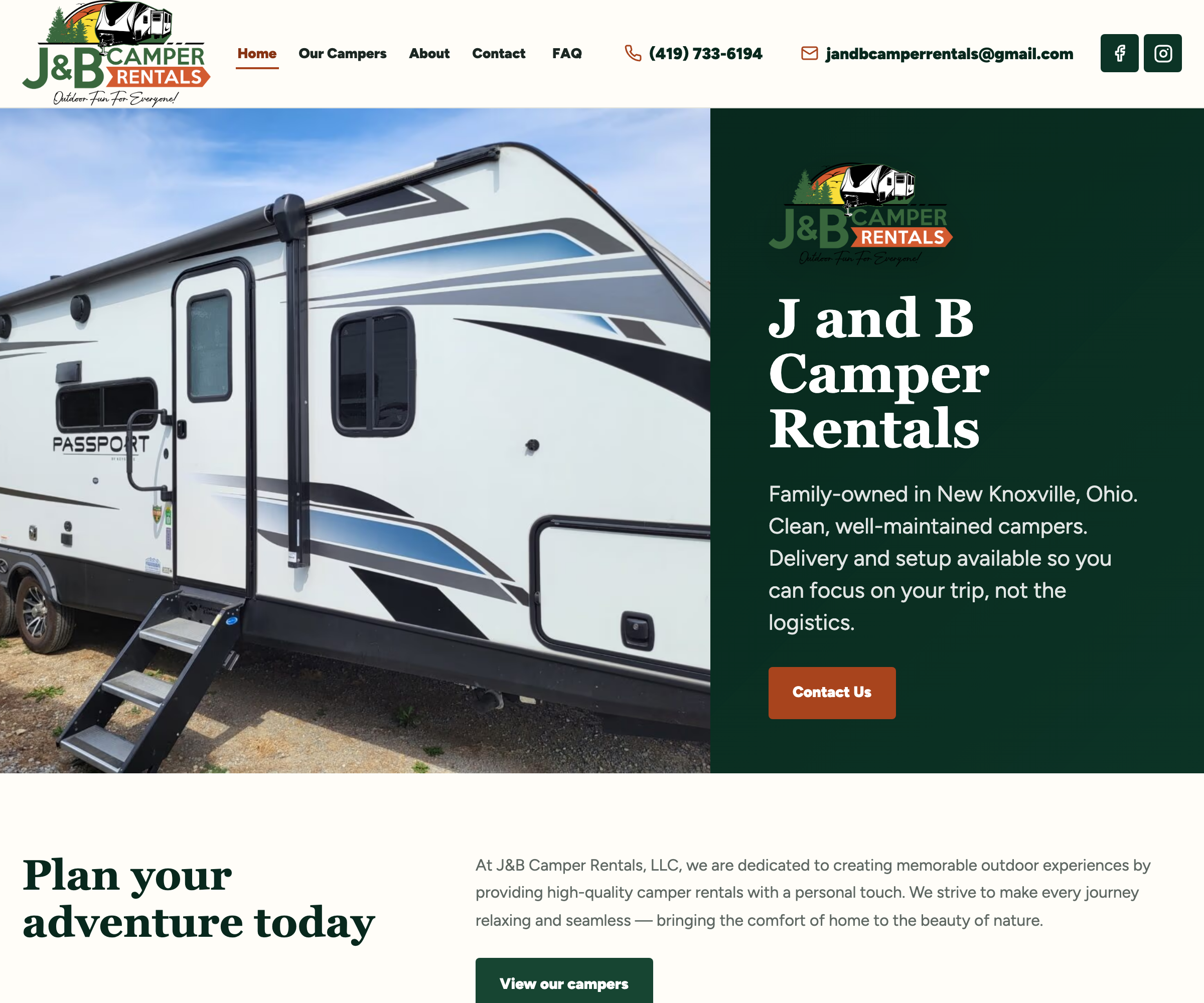 J&B Camper Rentals desktop homepage showing the Passport camper, navigation, contact details, and delivery and setup information