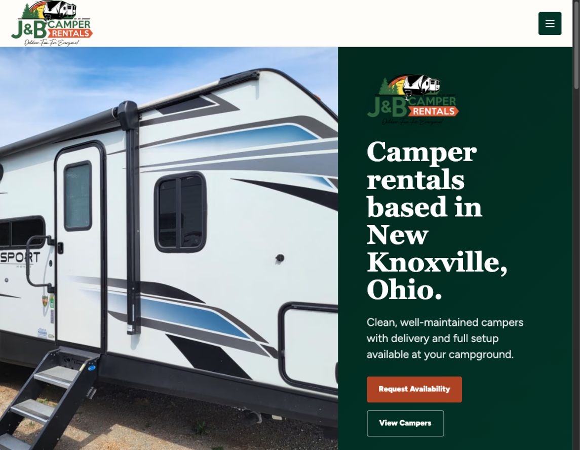 J&B Camper Rentals homepage showing a camper, contact details, delivery information, and rental navigation