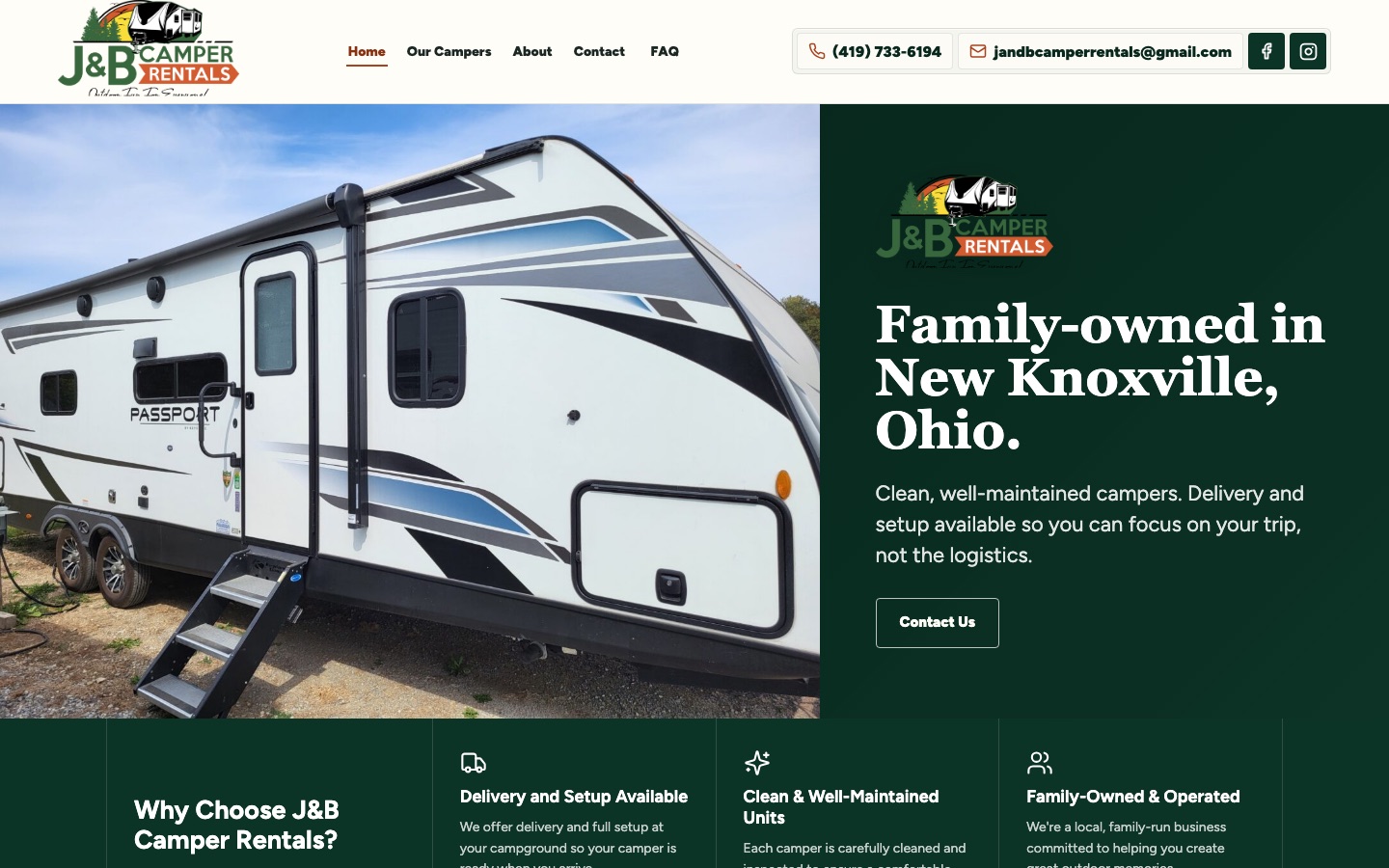 J&B Camper Rentals homepage showing a camper, New Knoxville location, contact details, and delivery and setup information