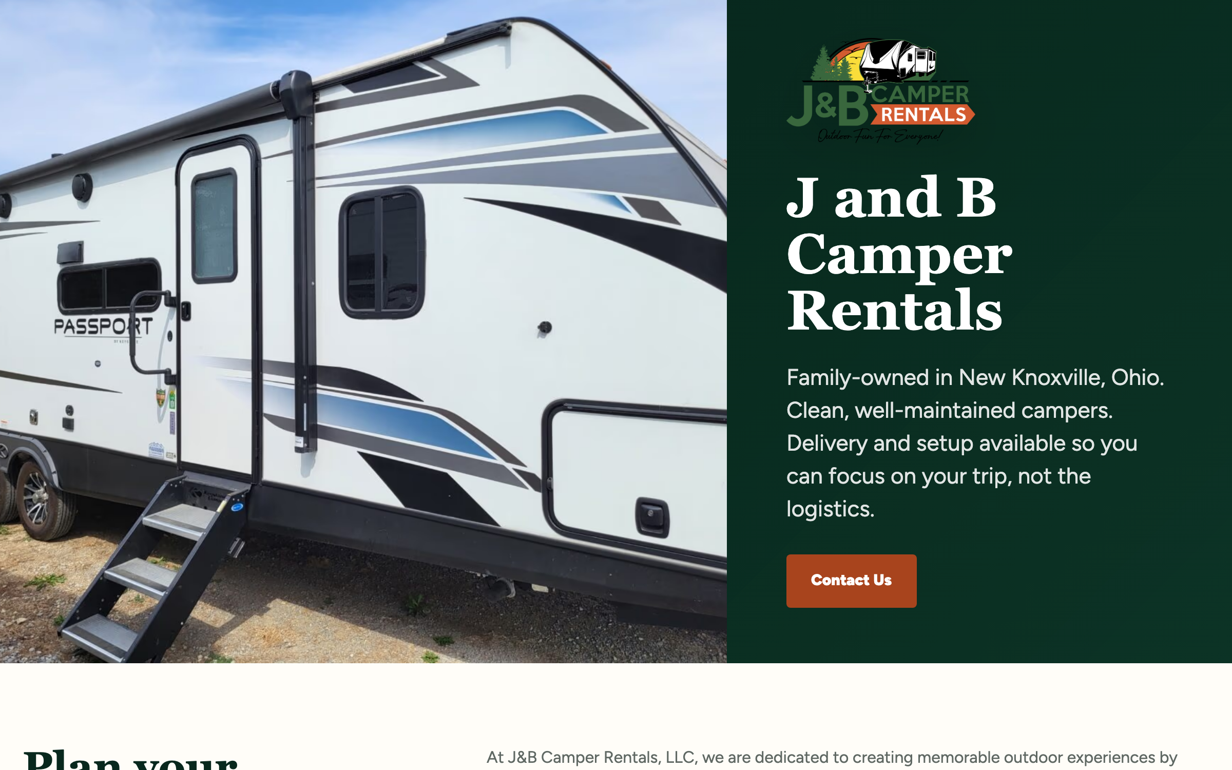 J&B Camper Rentals homepage hero showing the Passport camper and delivery and setup offering