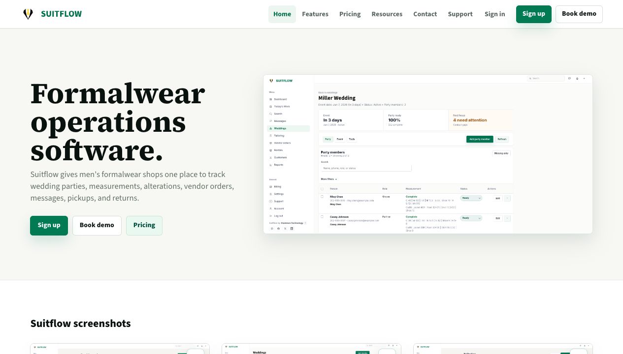 SuitFlow homepage on suitflow.app with the formalwear operations software hero and product detail screen.