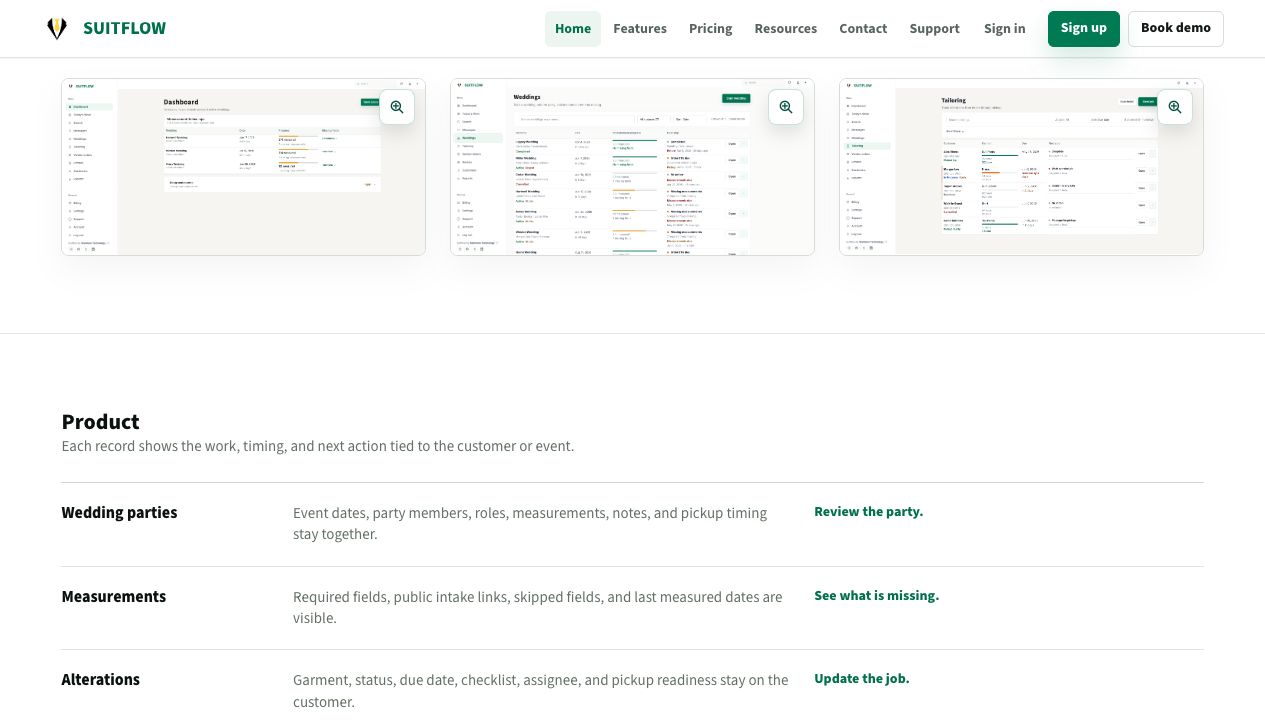 Suitflow website product screenshot gallery and operating areas for wedding parties, measurements, and alterations.